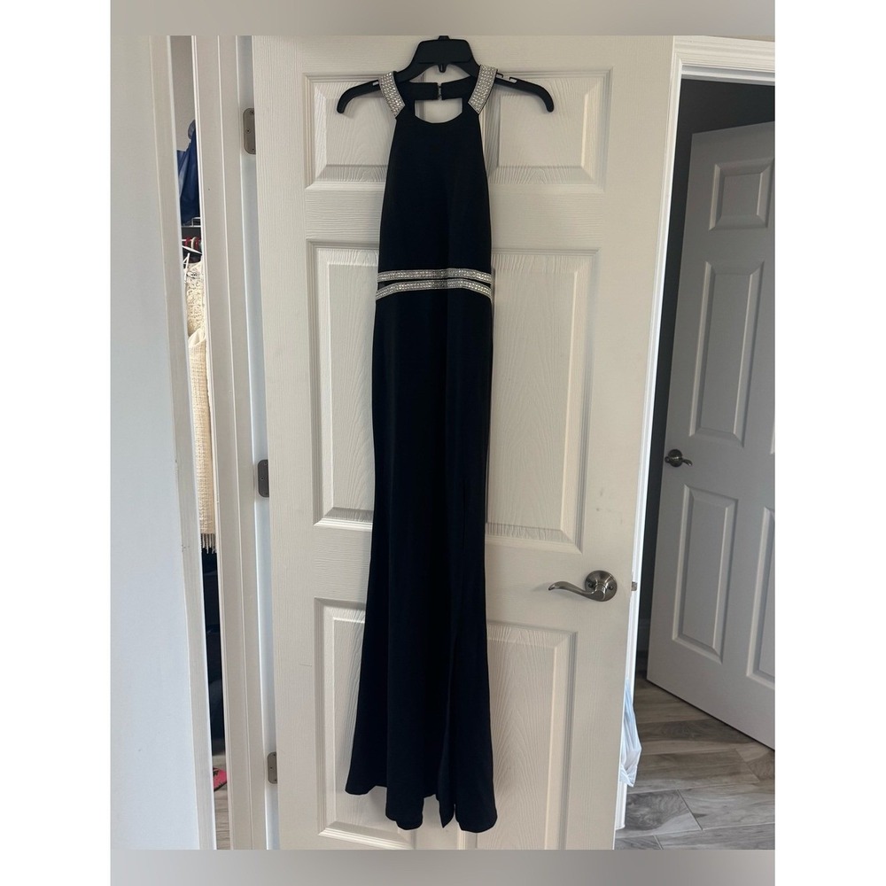 My Michelle Black Evening Gown with Silver Waistband